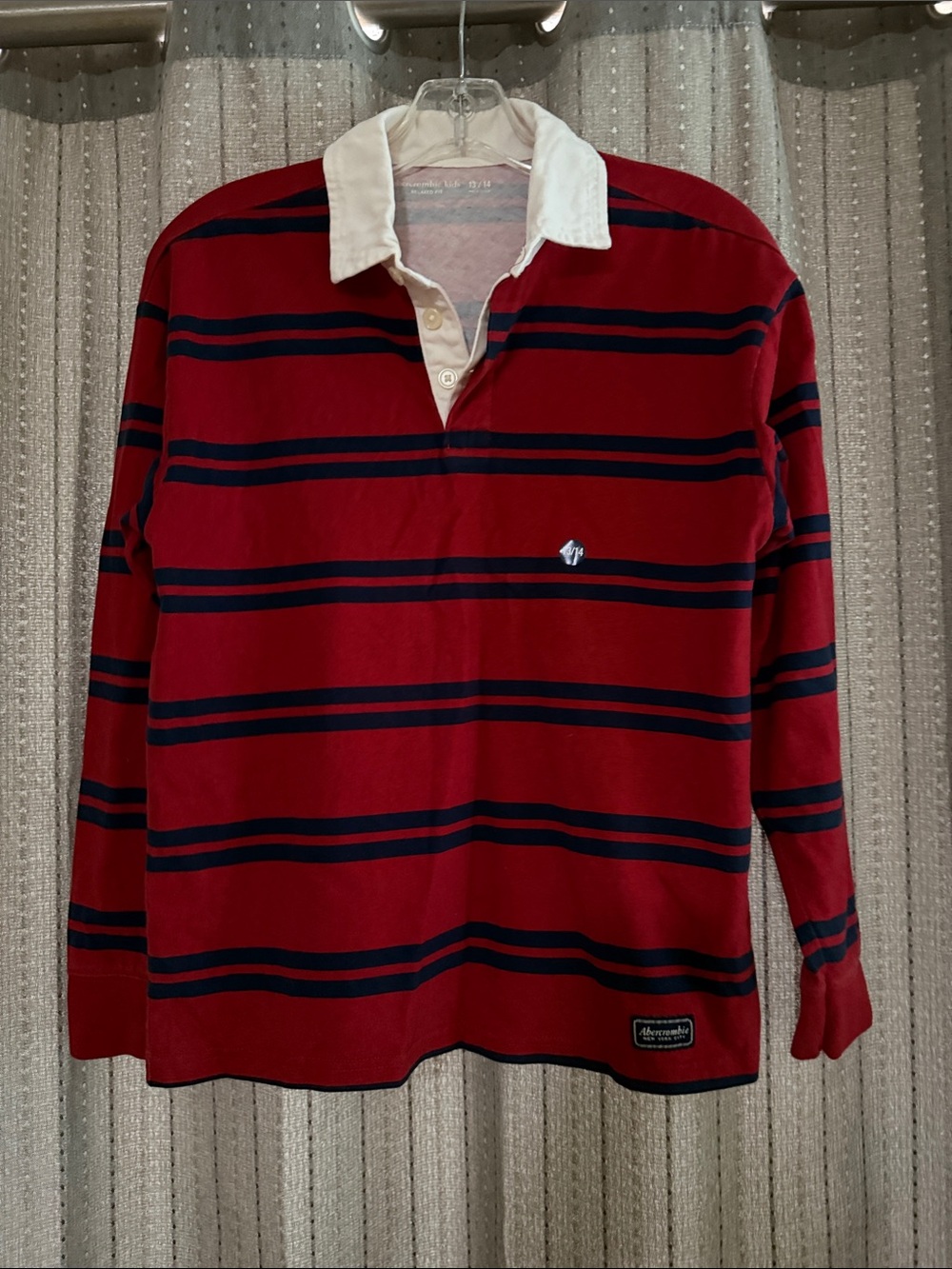 abercrombie kids Red and Navy Striped Rugby Polo with White Collar